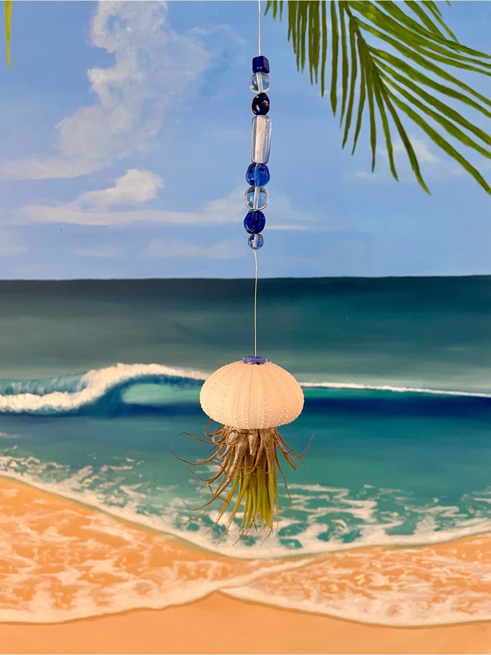 Hanging Sea Urchin Air Plant Charm with Blue Glass Beads